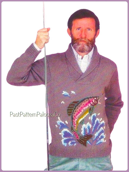 Vintage Knitting Pattern Mens Rainbow Trout Fishing Sweater Pullover Crossover Neck PDF Instant Digital Download Fishermans Delight DK Yarn
