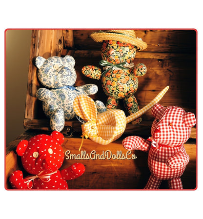 Vintage Sewing Pattern 12-14" Soft Sculpture Teddy Bears and A Mouse Toy Dolls Calico Gingham Chintz Fabric PDF Instant Digital Download