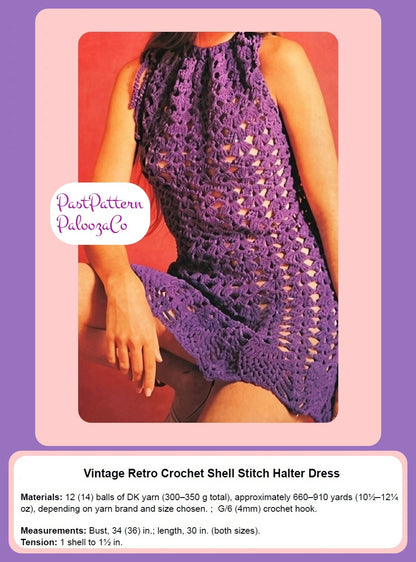 Vintage Crochet Pattern Womens Pretty Shell Stitch Halter Neck Dress PDF Instant Digital Download Mini or Maxi Dress Boho Chic 8 Ply