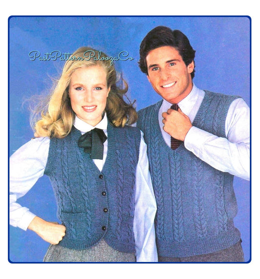 Vintage Knitting Pattern His & Hers Classic Cable Knit Cardigan Pullover and Vest Sweaters PDF Instant Digital Download Womens Mens Vests