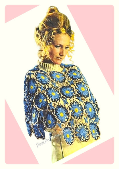 Vintage Crochet Pattern Womens Lacy Daisy Flower Wheels and Stars Poncho Cape PDF Instant Digital Download Boho Gypsy Hippie Chic 5 Ply