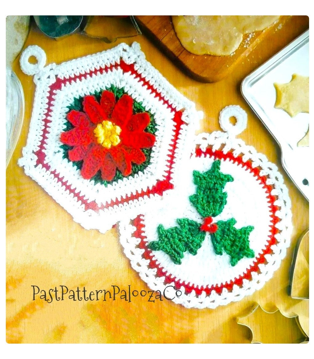 Vintage Crochet Pattern Christmas Poinsettia and Holly Pot Holder Set PDF Instant Digital Download Festive Holiday Potholders