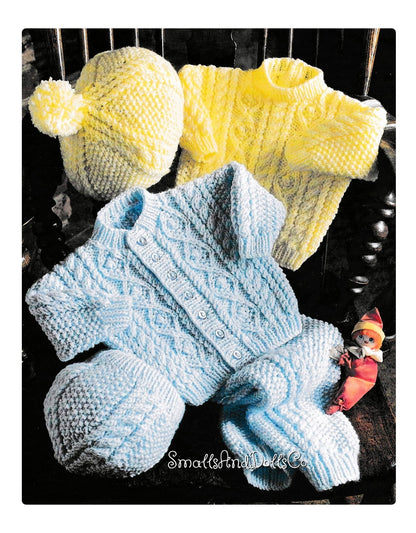 Vintage Knitting Pattern Baby Boy Aran Set Cardigan Sweater Pants Beret Hat Easy Knit PDF Instant Digital Download 6m - 4yrs 10 Ply