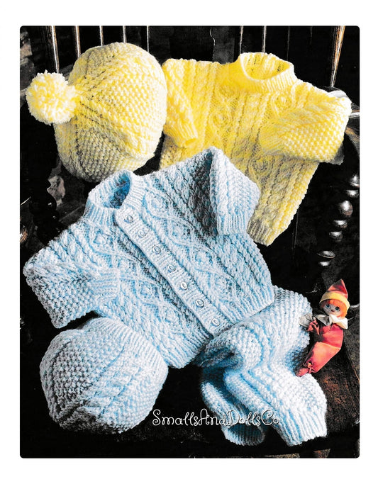 Vintage Knitting Pattern Baby Boy Aran Set Cardigan Sweater Pants Beret Hat Easy Knit PDF Instant Digital Download 6m - 4yrs 10 Ply