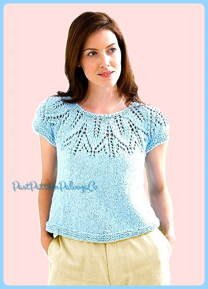 Vintage Knitting Pattern Womens Lacy Eyelet Leaf Yoke Summer Top PDF Instant Digital Download Short Sleeved 12 Ply Extra Small to 5X