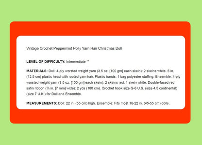 Vintage Christmas Crochet Pattern 22" Peppermint Polly Large Yarn Head Doll PDF Instant Digital Download
