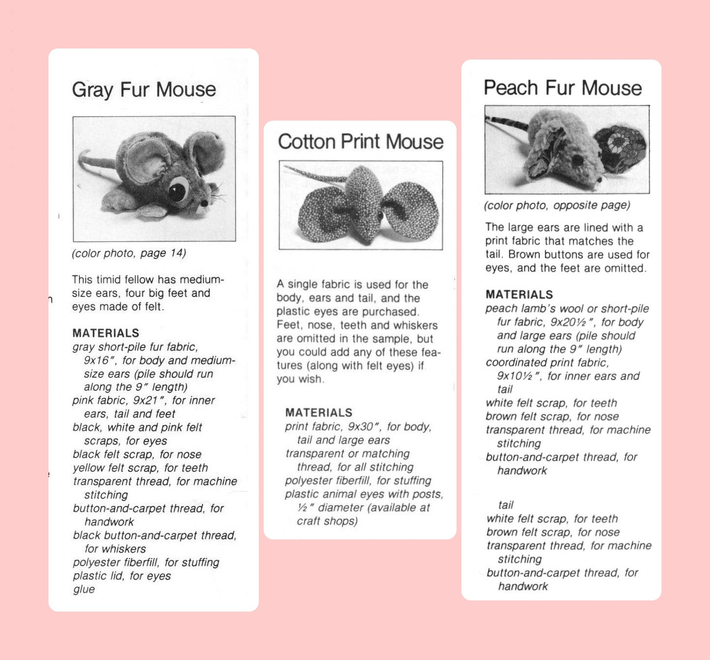 Vintage Sewing Pattern 8" Big Eared Mice Soft Toy Dolls PDF Instant Digital Download 3  Fabric Designs Faux Fur Cotton Print DIY Plushies