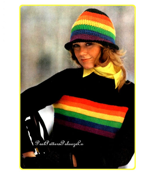 Vintage Knitting Pattern Womens Retro Rainbow Stripe Pullover Sweater and Crochet Cloche Hat Set PDF Instant Digital Download Boho 70s Chic