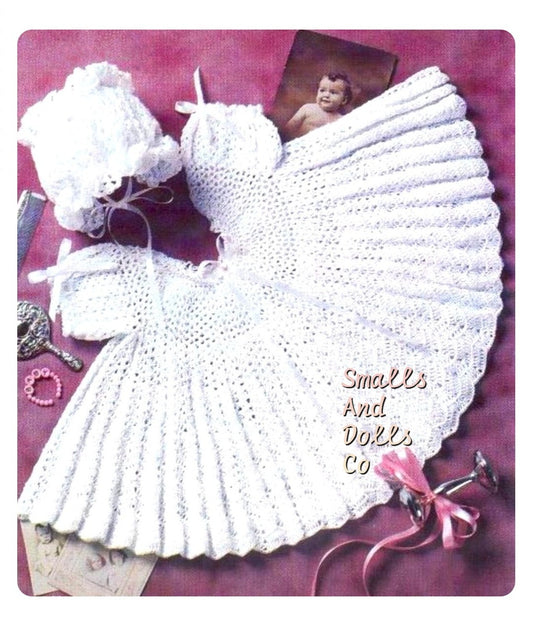 Vintage Crochet Pattern Baby Girl Lacy Pleated Cotton Christening Dress & Bonnet Set PDF Instant Digital Download Baptism Gown Newborn 0-3m