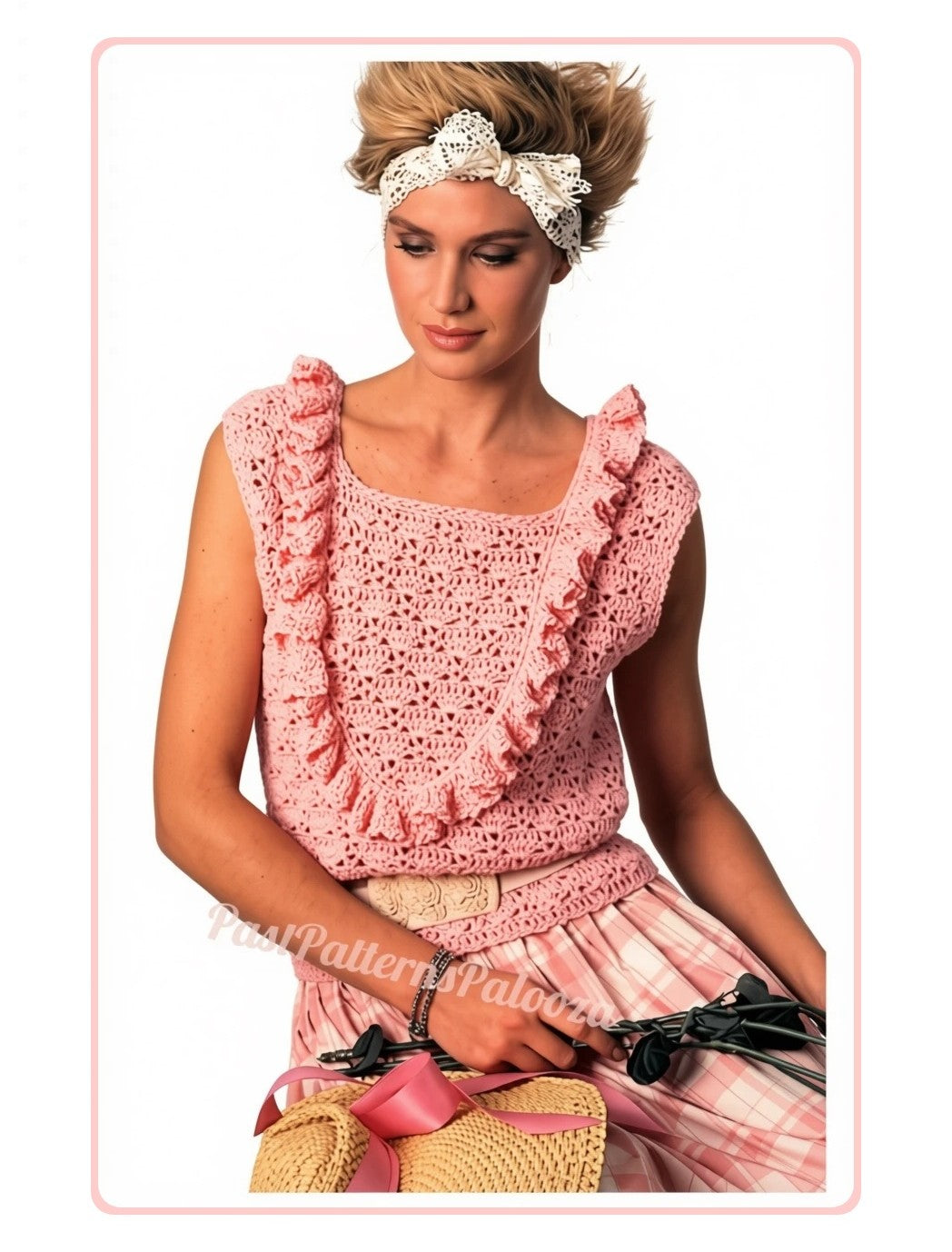 Vintage Crochet Pattern Womens Romantic Scoop Ruffle Summer Blouse Shell Top PDF Instant Digital Download Sleeveless Feminine DK