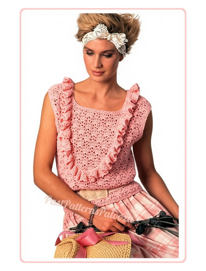Vintage Crochet Pattern Womens Romantic Scoop Ruffle Summer Blouse Shell Top PDF Instant Digital Download Sleeveless Feminine DK