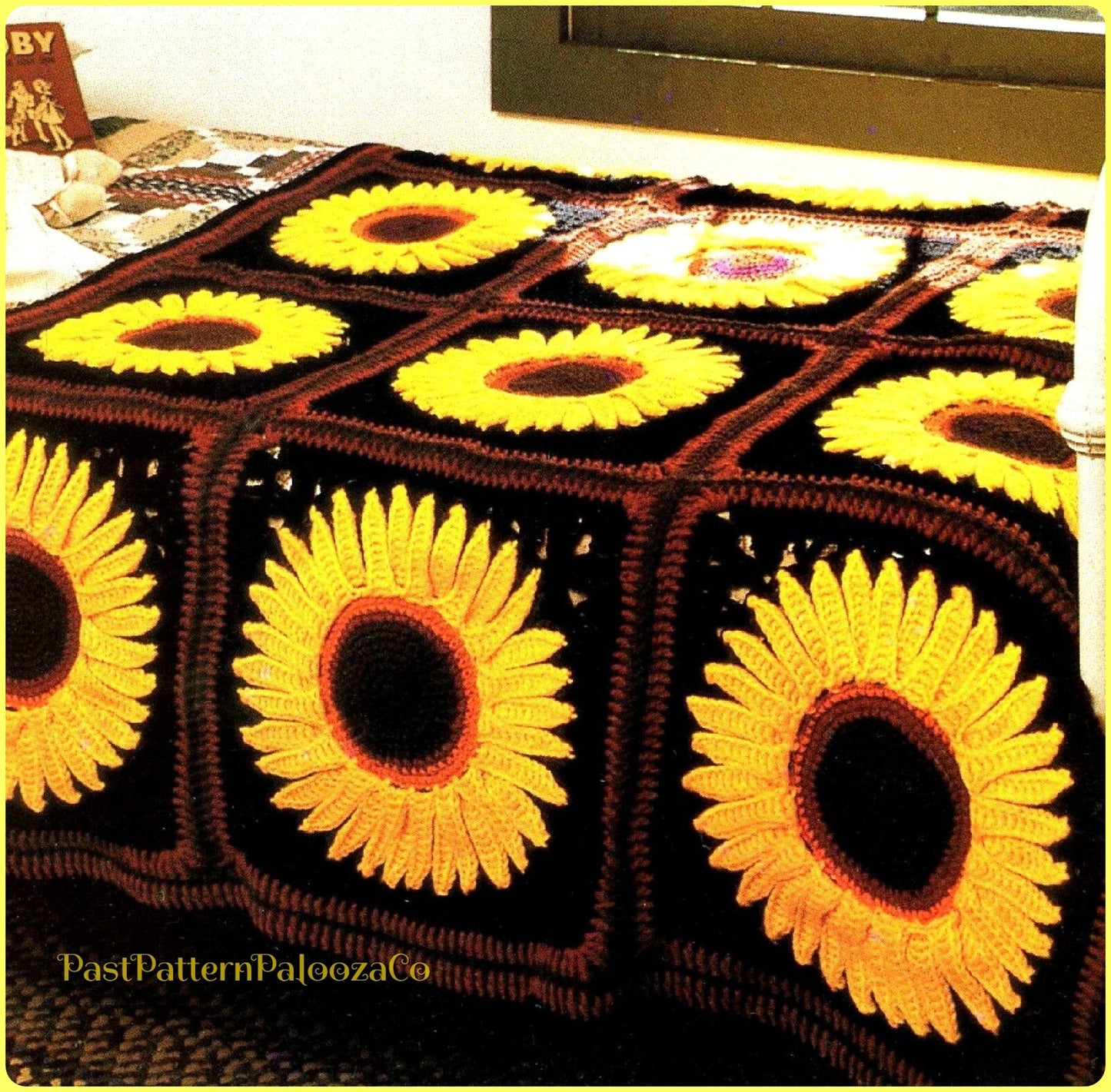 Vintage Crochet Giant Sunflower Grannies Afghan Pattern PDF Instant Digital Download Beautiful Sun Flower Garden Blanket 10 Ply