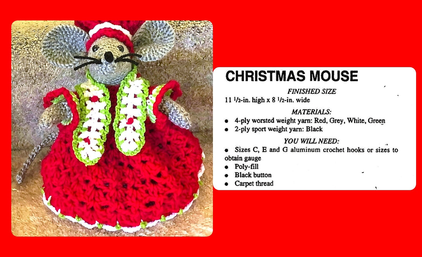 Vintage Christmas Crochet Pattern 11" Mrs Santa Mouse Soft Toy Amigurumi Doll PDF Instant Download Plush Retro Holiday Animal 10 Ply