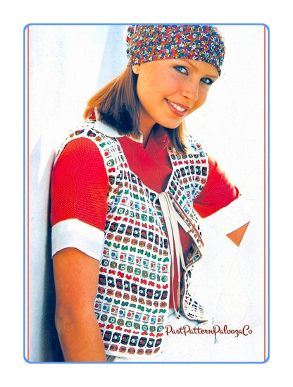 Vintage Crochet Pattern Womens Ribbon Vest PDF Instant Digital Download Groovy Mod Unique Button Up Waistcoat Top 4 Ply