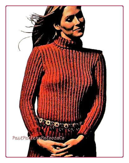 Vintage Knitting Pattern Womens Classic Ribbed Turtleneck Pullover Sweater PDF Instant Digital Download Long Sleeved Jumper Top 5 Ply S M L