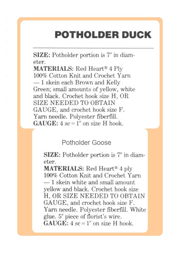 Vintage Crochet Pattern Mallard Duck and Country Goose Potholders PDF Instant Digital Download Cute Farmhouse Chic Oven Mitt Pot Holders