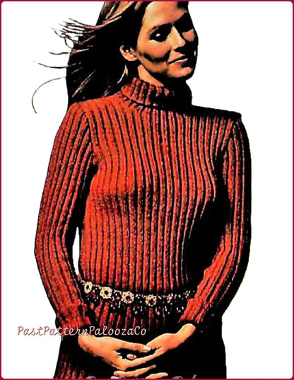 Vintage Knitting Pattern Womens Classic Ribbed Turtleneck Pullover Sweater PDF Instant Digital Download Long Sleeved Jumper Top 5 Ply S M L