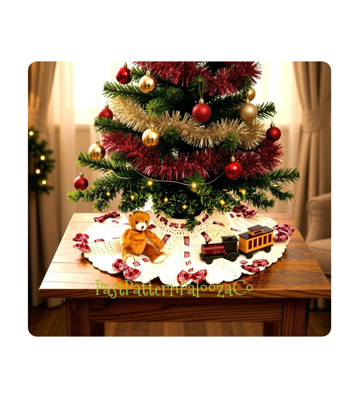 Vintage Crochet Pattern Small 24" Christmas Table Top Tree Skirt Ribbons Bows PDF Instant Digital Download Mini For Tabletop