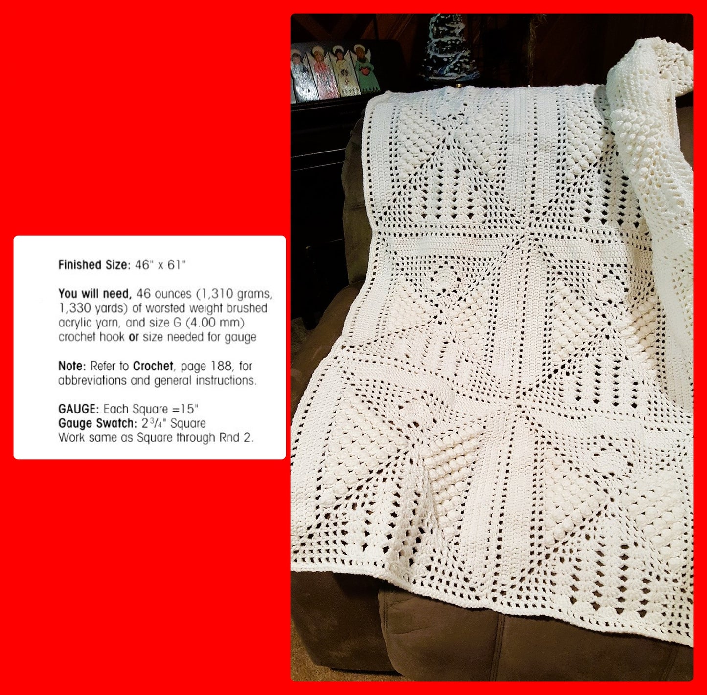 Vintage Crochet Pattern Popcorn Angel Squares Afghan PDF Instant Digital Download Lacy Heavenly Nativity Blanket 10 Ply