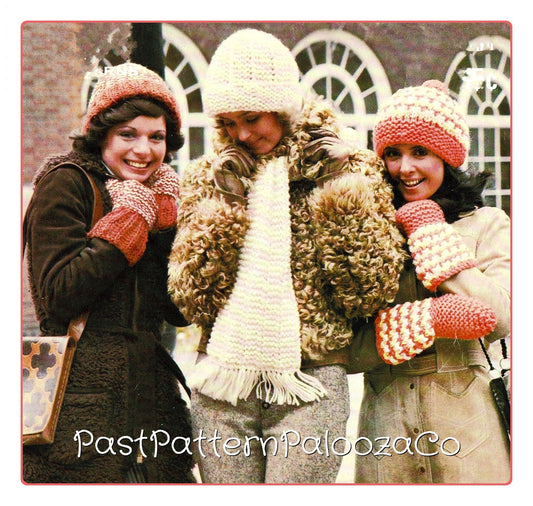 Vintage Knitting Pattern Womens Hat Scarf Mitts Sets 3 Designs PDF Instant Digital Download Retro Boho 1970s Retro Winter Accessories