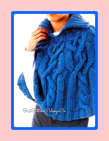 Vintage Knitting Pattern Womens Fisherman Cabled Poncho with Collar PDF Instant Digital Download 12 Ply Hug Shrug