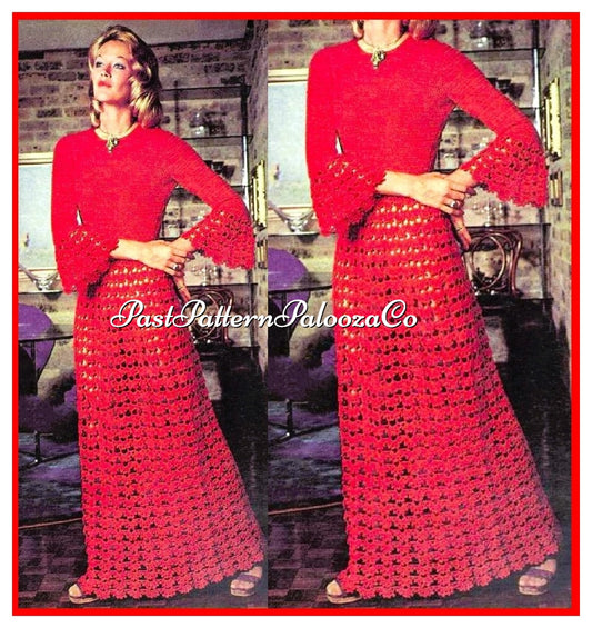 Vintage Crochet Pattern Womens Lacy Romantic Gala Maxi Dress PDF Instant Digital Download Long Elegant Party or Wedding Gown Bell Sleeves