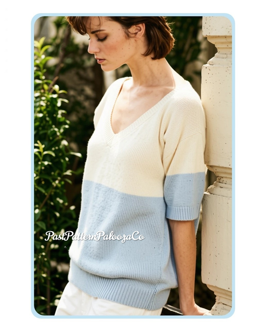 Vintage Knitting Pattern Womens Retro 1980s Sweater Top PDF Instant Digital Download Loose Two Tone Pullover Jumper Easy Knit