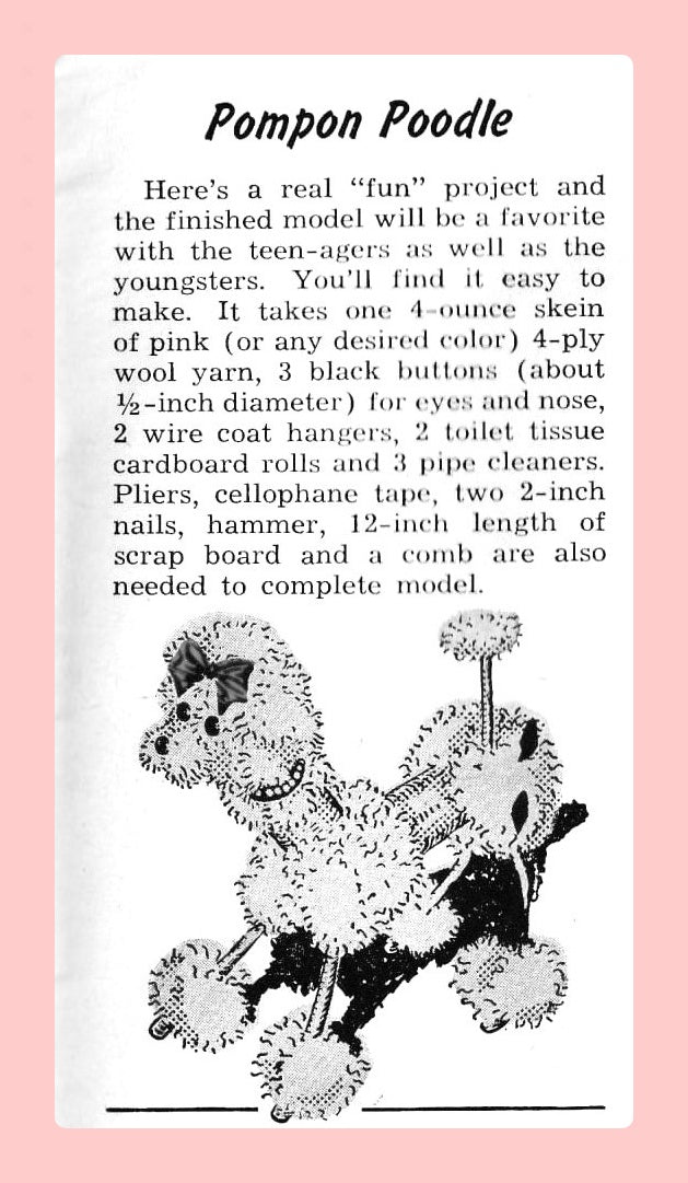 Vintage No Sew 12" Yarn Pompom French Poodle Pattern Pom Pom Animal Doll Figure 1961 PDF Instant Digital Download
