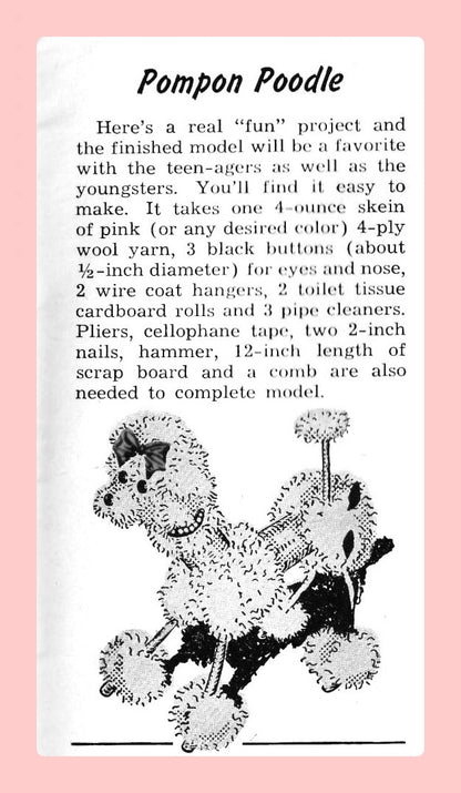 Vintage No Sew 12" Yarn Pompom French Poodle Pattern Pom Pom Animal Doll Figure 1961 PDF Instant Digital Download