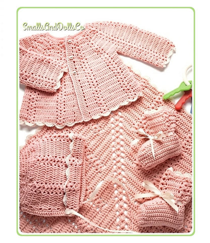 Vintage Crochet Pattern Classic Shell Stitch Heirloom Layette Set Dress Sweater Bonnet Booties Blanket PDF Instant Digital Download 0-6m DK 1970s