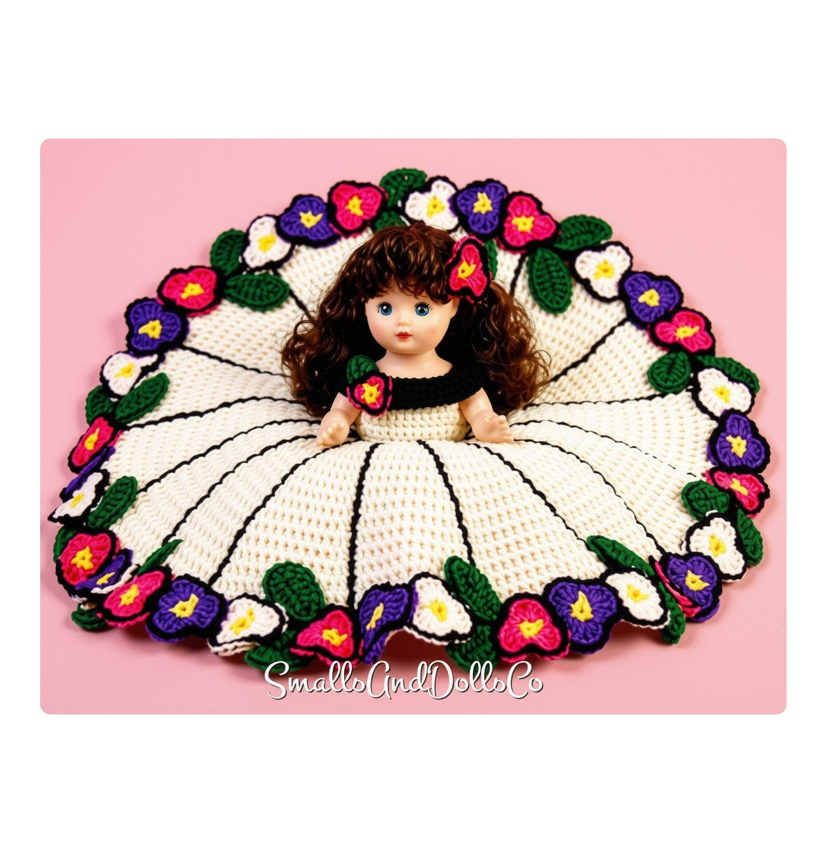 Vintage Crochet Pattern Tiffany Pillow Doll Bed Doll Stained Glass Pansies Flower Dress PDF Instant Digital Download 10 Ply