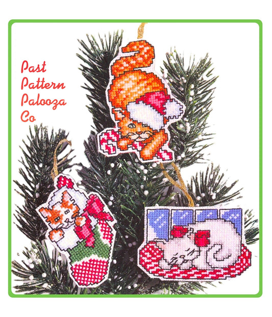 Vintage Cross Stitch Pattern Festive Kitty Cats Christmas Tree Ornaments PDF Instant Digital Download