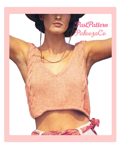 Vintage Knitting Pattern Womens Tank Crop Top Cabled Midriff PDF Instant Digital Download Cami Short Summer Pullover S M L DK 8 Ply