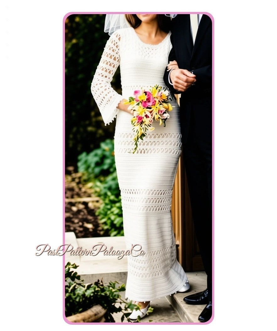 Vintage Crochet Pattern Elegant Wedding Dress Gown Bell Sleeved Pearls Trim PDF Instant Digital Download Heirloom Quality 4 Ply