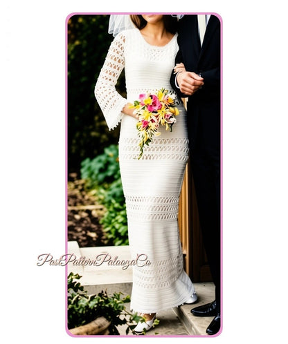 Vintage Crochet Pattern Elegant Wedding Dress Gown Bell Sleeved Pearls Trim PDF Instant Digital Download Heirloom Quality 4 Ply