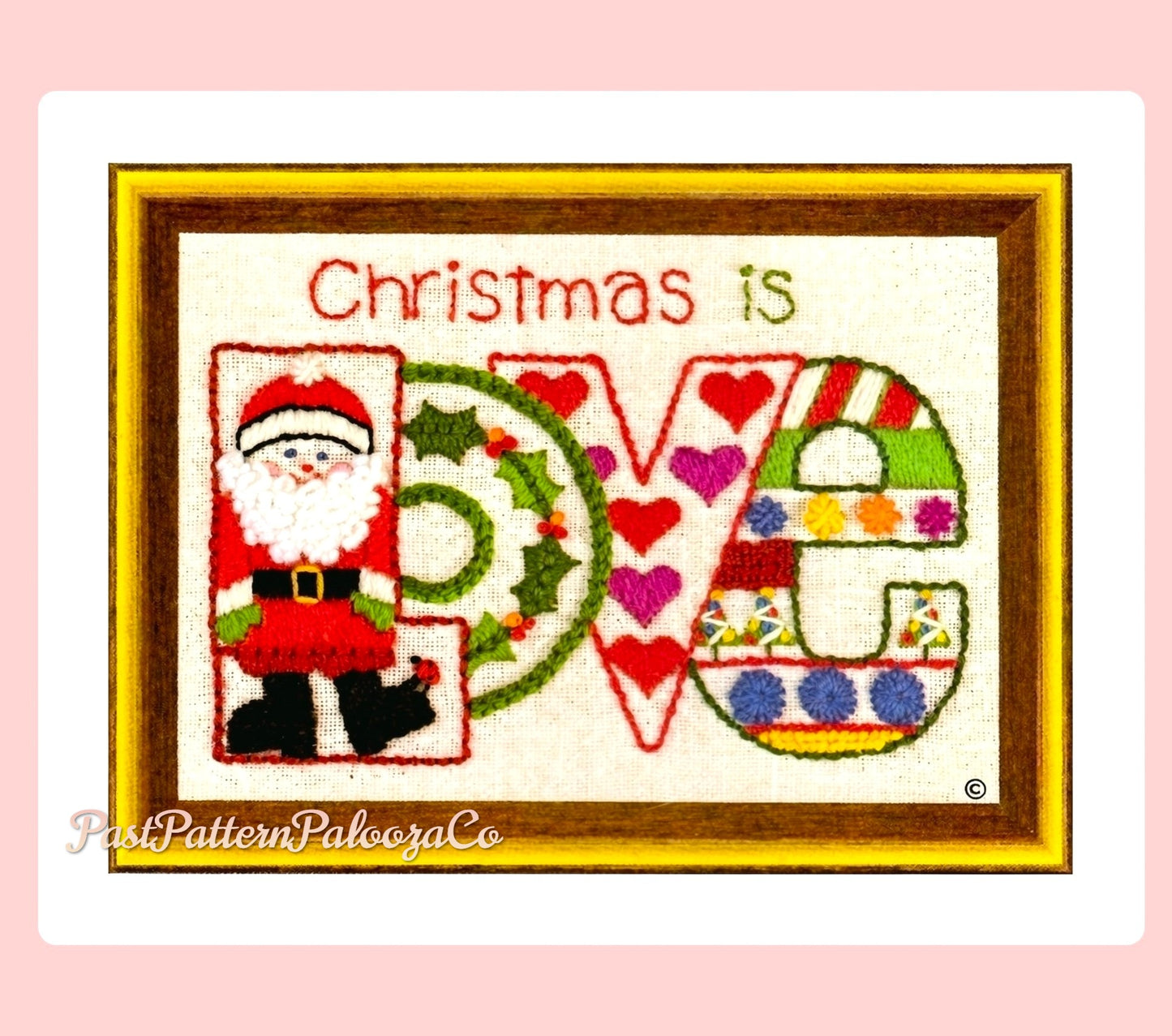 Vintage Crewel Embroidery Christmas Is Love Pattern Retro 1970s Design PDF Instant Download Mini Stitchery Holiday Motif Sampler 5x7