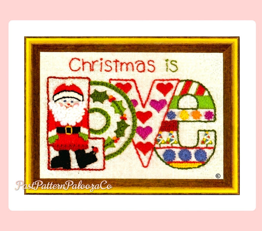 Vintage Crewel Embroidery Christmas Is Love Pattern Retro 1970s Design PDF Instant Download Mini Stitchery Holiday Motif Sampler 5x7