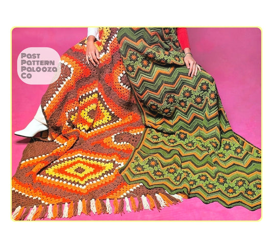Vintage Crochet Pattern Retro Granny Square Afghans Large Diamond & ZigZag Ripple PDF Instant Digital Download Aran 10 Ply