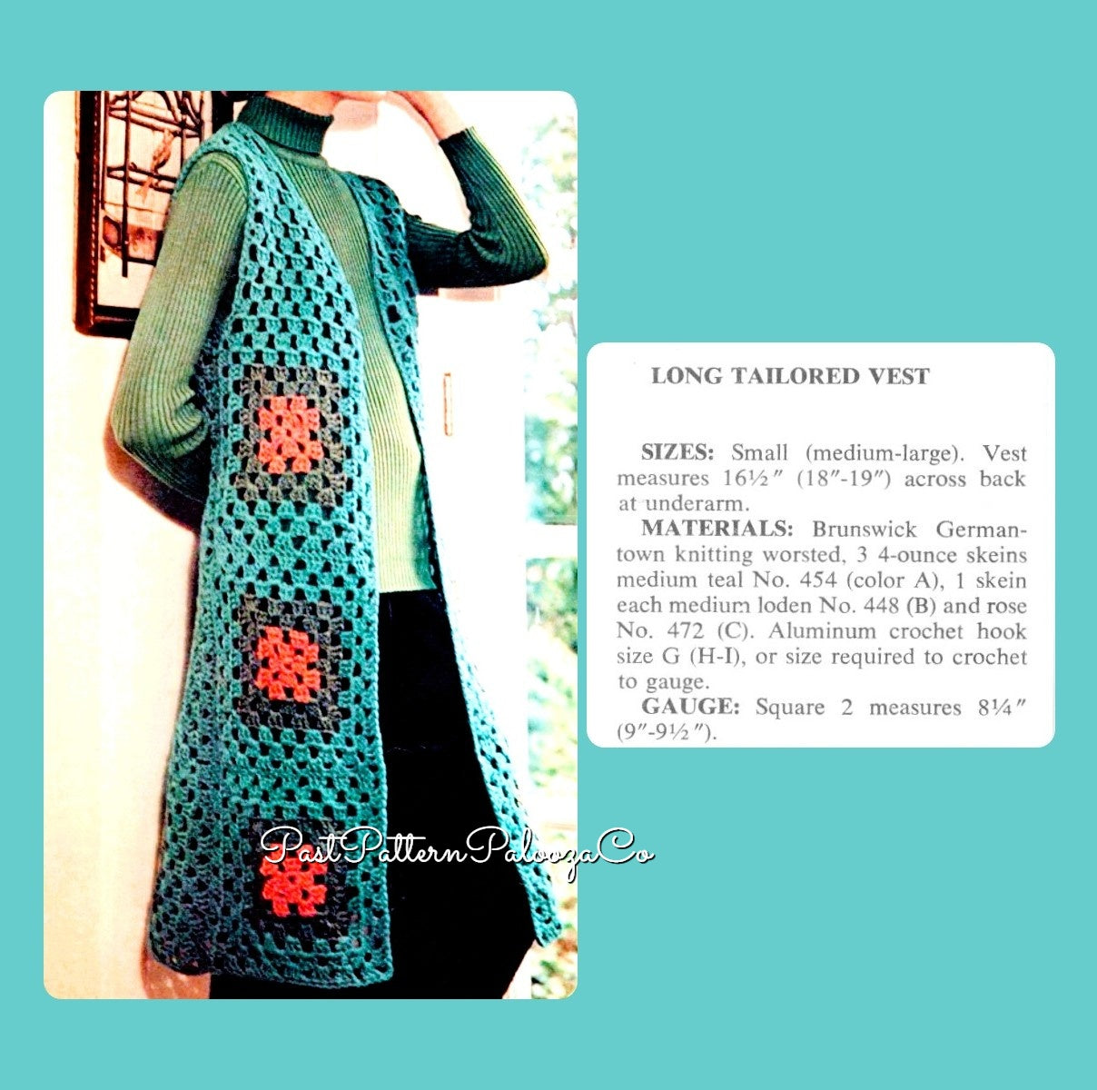 Vintage Crochet Pattern Womens Long Boho Granny Square Maxi Vest Duster Jacket PDF Instant Digital Download Groovy 70s Mod Flared Waistcoat