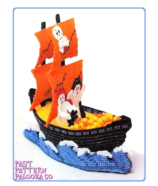 Vintage Plastic Canvas Pattern Halloween Ghost Pirate Ship PDF Instant Digital Download Candy Holder Centerpiece Decor