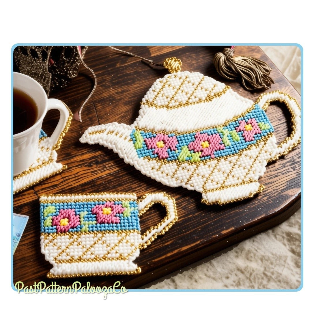 Vintage Plastic Canvas Pattern Floral Teacup Teapot Coasters and Trivet Set PDF Instant Digital Download Drink Coasters Hot Plate 7 Mesh