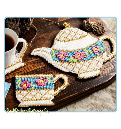 Vintage Plastic Canvas Pattern Floral Teacup Teapot Coasters and Trivet Set PDF Instant Digital Download Drink Coasters Hot Plate 7 Mesh