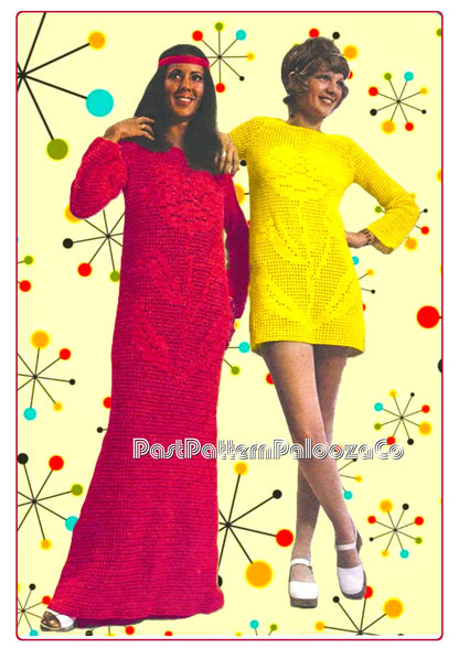 Vintage Filet Crochet Pattern Romantic Mini Maxi Floral Motif Dresses PDF Instant Digital Download Boho Mesh Flower Power Retro 70s 5 Ply
