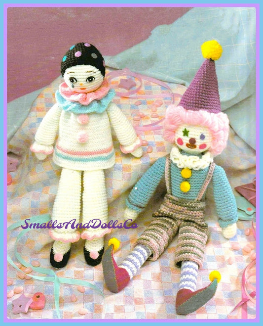 Vintage Crochet Pattern Circus Clown and French Mime Pierrot Clown Dolls PDF Instant Digital Download Two Amigurumi Plush Stuffed Toys 4 Ply