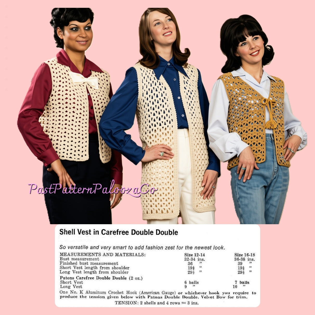 Vintage Crochet Pattern Womens Boho Vests PDF Instant Digital Download 1970s Groovy Mod Designs Shell Lattice Tassel Bulky 12 Ply