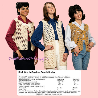 Vintage Crochet Pattern Womens Boho Vests PDF Instant Digital Download 1970s Groovy Mod Designs Shell Lattice Tassel Bulky 12 Ply