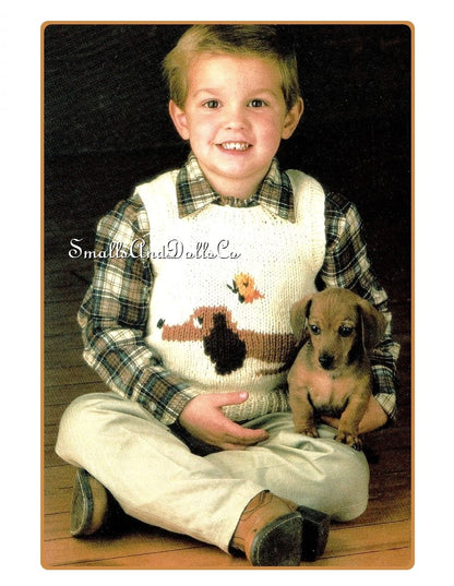 Vintage Knitting Pattern Boys Dachshund Dog Motif Sweater Vest PDF Instant Digital Download Wiener Puppy 1-8 Years 10 Ply 12 Ply