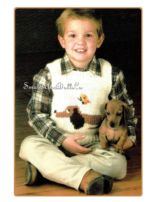 Vintage Knitting Pattern Boys Dachshund Dog Motif Sweater Vest PDF Instant Digital Download Wiener Puppy 1-8 Years 10 Ply 12 Ply