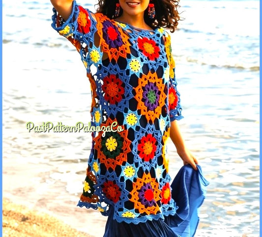 Vintage Crochet Pattern Womens Flower Motif Tunic Top PDF Instant Digital Download Boho 70s Chic Colorful Floral Cover Up