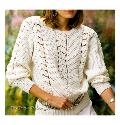 Vintage Knitting Pattern Womens Leaf Motif Sweater Seed Stitch Openwork Cables PDF Instant Digital Download Long Sleeved Jumper 5 Ply Cotton